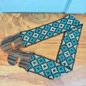 Handmade Beaded Geometric Waist Belt Turquoise Brown Wood Buckle Retro 33 Inch